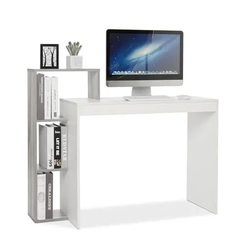 Produktbild: Mondeer Kleiner Schreibtisch, Moderner Computertisch mit 3-stöckiges Regal, Platzsparend, 110 x 40 x 92 cm, Geeignet für Heimbüro Arbeitszimmer Kleiner Platz, Weiß und Grau