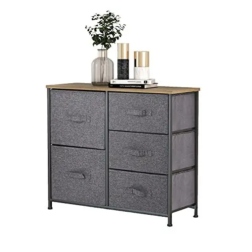 Produktbild: Mondeer Kommode, Kommode Schmal, Schrank mit 5 Groß Schubladen, Stoff Schubladenschrank, Kleideraufbewahrung, Aufbewahrung Schrank, 85x30x70cm, Stabiler Metallrahmen, Grau