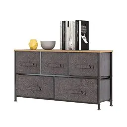 Produktbild: Mondeer Kommode aus Stoff mit Schubladen, Holz Schmal Kommode, Schubladenschrank, Metal Bücherschrank, Nachttisch Schublade, Schrank, Bücherregal, Schlafzimmer, Flur, Eingang, Kinderzimmer, Grau