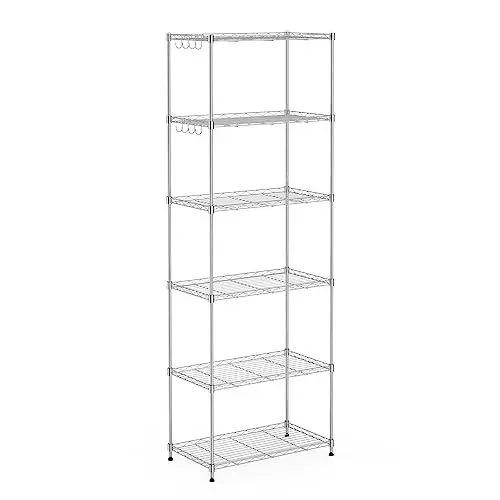 Produktbild: Mondeer Metallregal, 6-Stufiges Küchenregal, mit 8-Haken, Höhenverstellbar, Geeignet für Küche Badezimmer Wohnzimmer Balkon, Silber