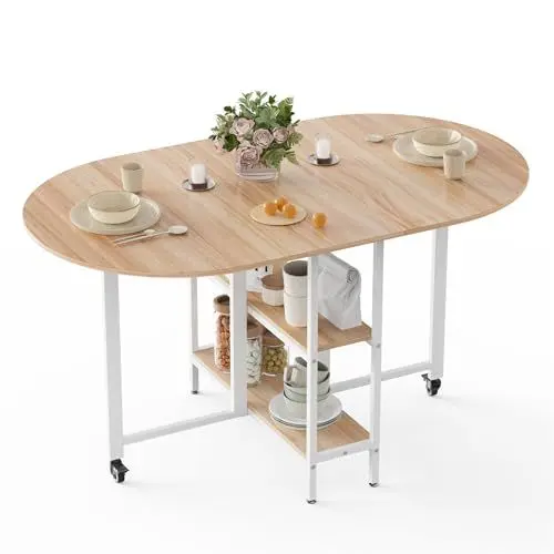 Produktbild: Mondeer Mobiler Klappbarer Esstisch, Klapptisch mit 2 Offenen Ablagen, Rundes Kanten Design, Kleine Räume Esszimmer Küche, 140 x 80 x 75 cm, Eiche und Weiß