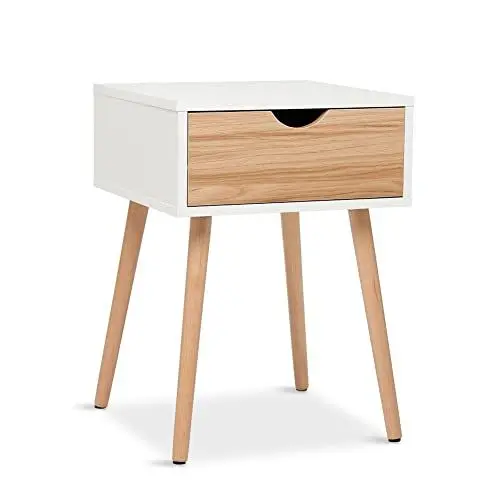 Produktbild: Mondeer Nachttisch, Beistelltisch mit Schublade, Skandinavischer Stil, Geeignet für Wohnzimmer, Schlafzimmer, 40 * 40 * 56 cm, Weiße Eiche