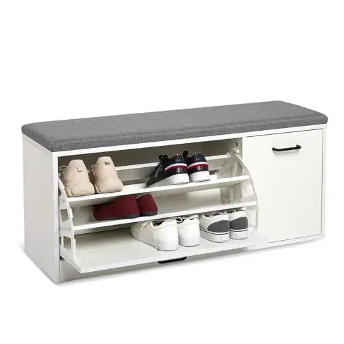 Produktbild: Mondeer Schuhbank, Schuhregal mit Sitzfläche Ablagebank mit Schuhablage aus Holz Geeignet für Flur und Eingang, 100 x 30 x 46 cm (Weiß)