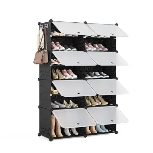 Produktbild: Mondeer Schuhregal, 8-stufiger Kunststoff Schuhschrank, Modulares Schuhaufbewahrung, Staub- und Wasserabweisend, Platzsparendes, hält 32 Paar Schuhe für Foyer, Schlafzimmer, Wohnzimmer, Schwarz