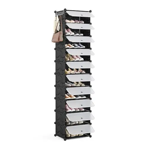 Produktbild: Mondeer Schuhregal, Kunststoff Schuhschrank, Modulares Schuhaufbewahrung mit Tür, Staub- und Wasserabweisend, Platzsparendes, 10 Fächer für Foyer, Schlafzimmer, Wohnzimmer, für 20 Paar Schuhe, Schwarz