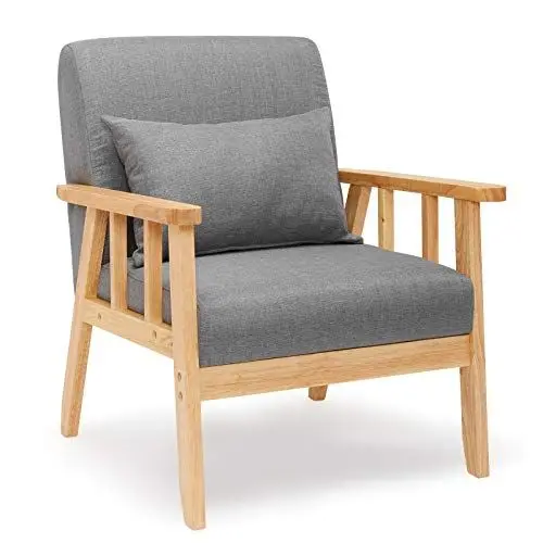 Produktbild: Mondeer Sessel Leinen Massivholzrahmen Retro mit Kissen für Schlafzimmer Wohnzimmer Balkon Büro Dunkelgrau, 64D x 64W x 73H cm