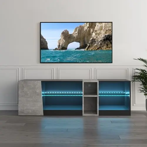 Produktbild: Mondeer TV Schrank, LED TV Lowboard Fernsehtisch mit 5 offenen Fächern und 1 Tür Geeignet, für Wohnzimmer Schlafzimmer, B140 x H45 x T37,5 cm, Schwarz und Grau