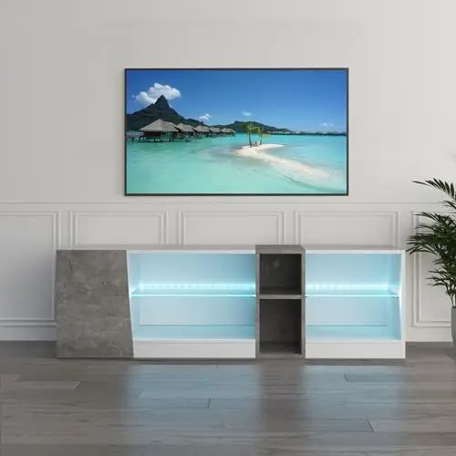 Produktbild: Mondeer TV Schrank, LED TV Lowboard Fernsehtisch mit 5 offenen Fächern und 1 Tür Geeignet, für Wohnzimmer Schlafzimmer, B140 x H45 x T37,5 cm, Weiß und Grau