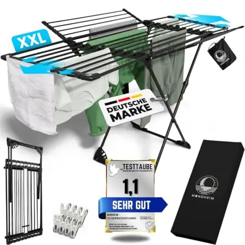 Produktbild: MONDHEIM® Obsidian | XXL Teleskop Wäscheständer 26M TROCKENLÄNGE | abnehmbare Querstrebe | Flügelwäscheständer platzsparend | nutzbar für Balkon oder Terasse