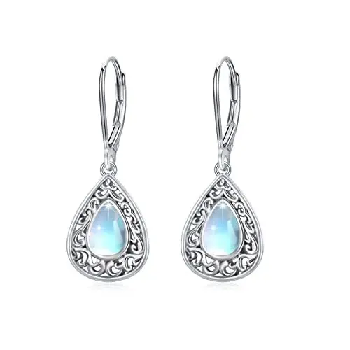 Produktbild: Mondstein Ohrringe Damen 925 Sterling Silber Mondstein Ohrhänger Tropfen Leverback Hypoallergene Regenbogen Ohrringe Hängend Mondstein Schmuck Geschenk für Frauen Mädchen