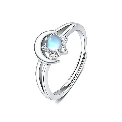 Produktbild: Mondstein Ring 925 Sterling Silber Mond und Stern Ring Verstellbare Ringe Stimmungsring Damen Weihnachts Geschenk für Damen Frauen Mädchen