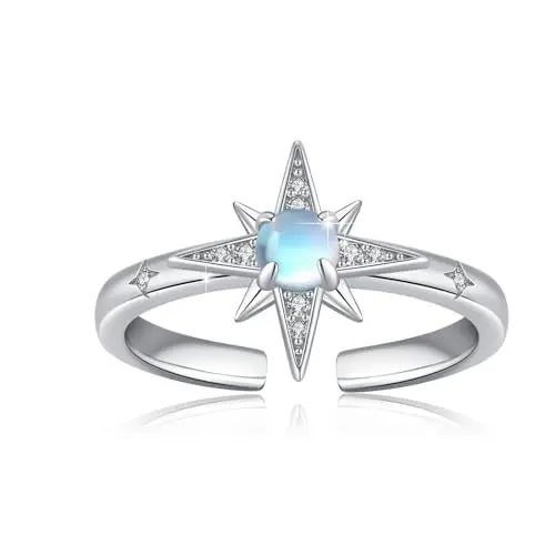 Produktbild: Mondstein Ring 925 Sterling Silber Stern Ringe Offen Einstellbare Ringe Stern Ring für Damen Schmuck Geschenk für Frauen Mädchen