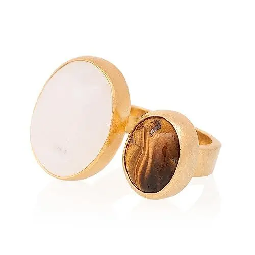 Produktbild: Mondstein Ring, Tigerauge Frau Ring. Oval Mondstein Ring. Vergoldeter Silber Tigerauge Ring. 925 Sterling Silber Mondstein Ring. 24K Gold plattiert Silber Tigerauge Ring.