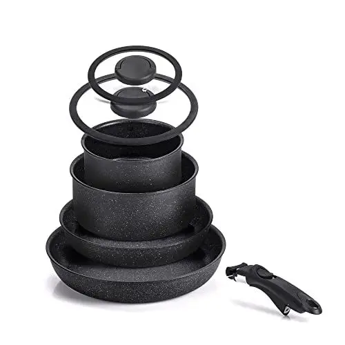 Produktbild: Moneta Etnea Minispace 7-teiliger Akku, bestehend aus 1 abnehmbarem Griff, 24 und 28 cm Pfanne, 16 und 20 cm Kochtopf, 16 und 20 cm Glasdeckel mit Silikonrand, 16 und 20 cm, Aluminium (ohne Induktion)