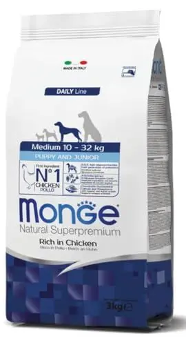 Produktbild: Monge Natural Superpremium PUPPY AND JUNIOR RICH IN CHICKEN, Hundefutter für alle Rassen (Trockenfutter für Hunde zwischen 10 - 32 kg, mit Huhn, sehr Ballaststoff- & Vitaminreich, 3 kg)