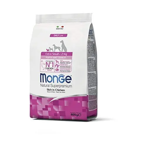 Produktbild: Monge Natural Superpremium Puppy and JUNIOR Rich IN Chicken, Hundefutter für alle Rassen (Trockenfutter für Hunde unter 2 kg, mit Huhn, sehr Ballaststoff- & Vitaminreich, 0,8 kg)