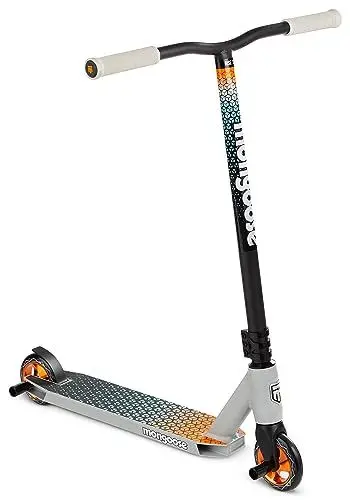 Produktbild: Mongoose Rise 100 Elite Freestyle-Stunt-Roller für Jugendliche und Erwachsene, stoßfeste 110-mm-Räder, Griffe im Fahrradstil, Deck aus Leichtmetall, Grau/Orange