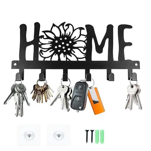 Produktbild: mongtsamz Schlüsselbrett Schwarz, Schlüsselablage Wand mit 6 Haken Home Schlüsselhalter Wand Schlüsselaufhänger Metall Schlüsselregal Deko Schlüsselboard für Eingangsbereich und Wohnzimmer, 1 Stück
