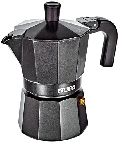 Produktbild: Monix Vitro Noir | Italienischer Aluminiumkaffeekocher für 3 Tassen, Geeignet für alle Herdarten außer Induktion, Schwarz, Aluminium, 3 tazas, 6