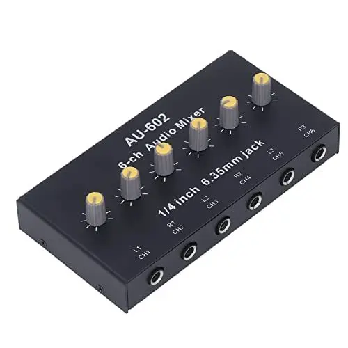 Produktbild: Mono-Stereomixer, DC 5V-Akku, 250 MAh, Einstellbare Lautstärke, 6-Kanal-Audiomixer, 5-fache Verstärkung. Kompakte Größe mit 6,3-mm-Klinkenstecker für Heimkino.