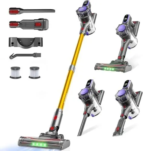 Produktbild: MONSGA Akku Staubsauger,45000Pa/50Mins Staubsauger Kabellos mit Display/Anti-Tangle-Bürste,Selbststehend,Wandladestation,8-Schicht-Filtration,Bürstenloser Motor,für Hartböden Teppiche Tierhaare Auto