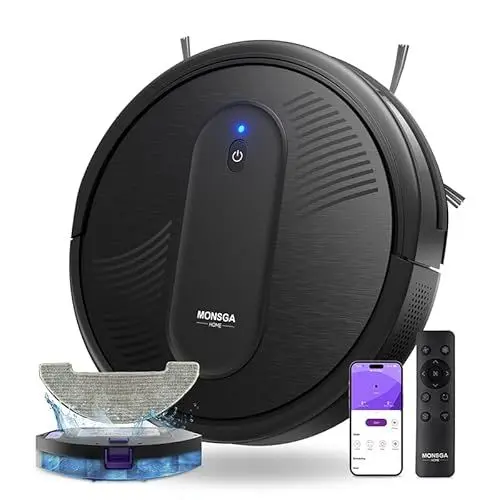 Produktbild: MONSGA Saugroboter mit Wischfunktion 3 in 1, Staubsauger Roboter 3000PA, Saugroboter mit 2 Bürsten, Selbstaufladend, WiFi, 140Mins, Ideal für Tierhaare, Teppich, Hartboden (Schwarz)