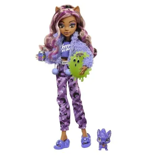 Produktbild: MONSTER HIGH Puppe und Sleepover Zubehör, Clawdeen Wolf Puppe mit Pet Cat Crescent, Creepover Party, HKY67