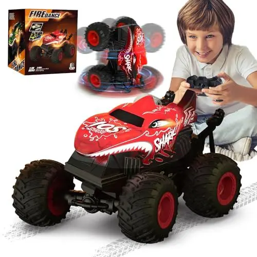 Produktbild: PENGBU RC Monstertruck Ferngesteuert, 2, 4 GHz Ferngesteuertes Auto ab 3 5 6 8 10 Jahre, 1:20 mit Fernbedienung, Monster Truck Spielzeug 360°Drehung, LED-Licht und Musik, Geschenke, Roter Hai