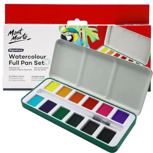 Produktbild: Mont Marte Aquarellfarben Set Signature 13pc, lebendige, mehrfarbige Farben mit transluzenter Oberfläche, Mischbrunnen und nachfüllbarer Rundpinsel