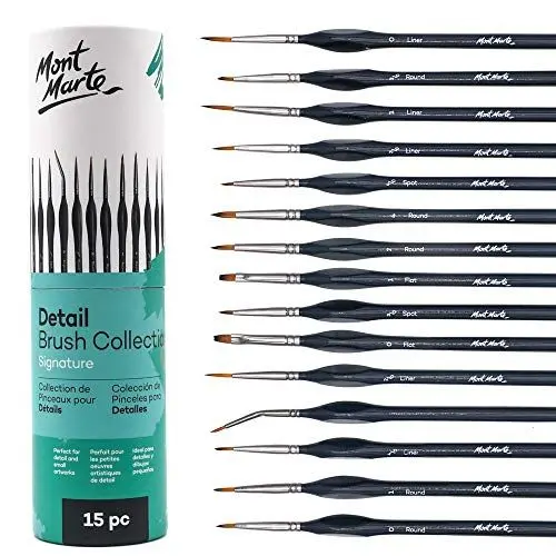 Produktbild: Mont Marte Pinselset fein – 15 feine Pinsel – Inklusive Aufbewahrungstasche – Ideale Detail Pinsel für Acrylfarben, Wasserfarben, Ölfarben
