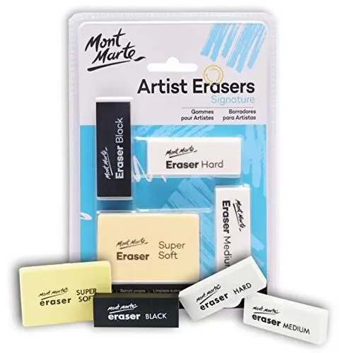 Produktbild: Mont Marte Radiergummi Set – 4 Stück – Radierer in verschiedenen Größen und Formen – Premium Qualität – Ideal zum Radieren von Graphit und Kohle