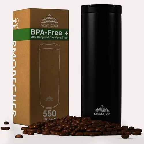 Produktbild: Mont-Clair Thermobecher Kaffee to Go 550ml - Kaffeebecher to go 100% Auslaufsicher - Hält mind. 12 h heiß - Coffee Becher aus recyceltem Edelstahl (Schwarz)