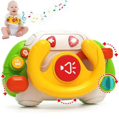 Produktbild: Montessori Busy Board ab 1 Jahr - Baby Spielzeug ab 6 Monate,Cartoon Auto Lenkrad Kinder Spielzeug,Montessori Spielzeug ab 1-3 Jahre mit Musik & Licht,ernspielzeug Baby Geschenk Jungen Mädchen