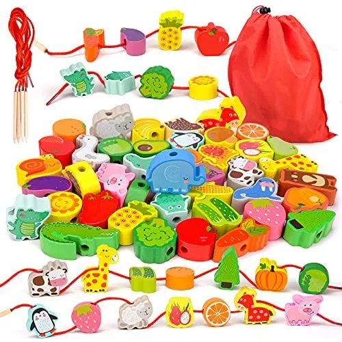 Produktbild: Sheirying Montessori Spielzeug,Holzspielzeug Fädelspiel Geschenk Motorikspielzeug ab 3 4 5 Jahr Madchen Jungen Baby Kinderspielzeug holzperlen für Kinder Geschenke