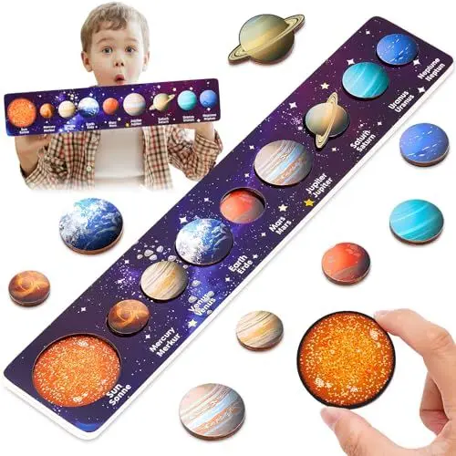Produktbild: Montessori Spielzeug ab 3-6 Jahre Junge: Holzpuzzle Geschenk Jungen Mädchen 3 4 5 6 Jahre Kinder Puzzle ab 3-4-5-6 Jahre Sonnensystem Planet Kinderspiele ab 3-5 Jahre Junge Lernspiele Kinderspielzeug