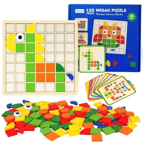 Produktbild: Montessori Spielzeug ab 3 4 5 6 Jahre, 120PCS Tangram Kinder Puzzles Hölzerne Muster Blöcke Set, Geometrische Formen Holzpuzzles mit 20 Beidseitige Karten, Pädagogisches Spielzeug Geschenk für Kinder