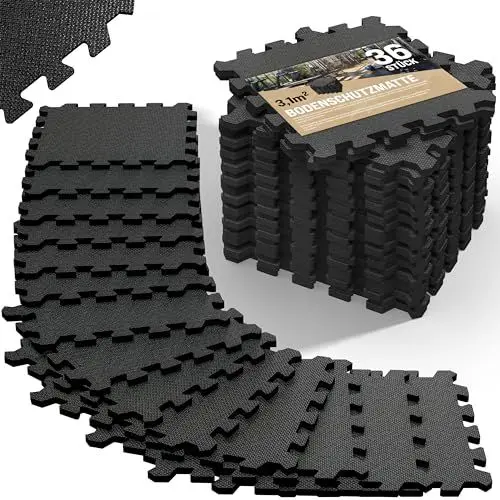 Produktbild: MONZANA® 36x Bodenschutzmatte Fitness mit Randstücken, Schwarz - 30 x 30 cm / 3 m² - rutschfest Eva-Schaumstoff Puzzlematte, Trainingsmatten, Schutzmatten Fitnessraum, Sportmatten, Sportboden