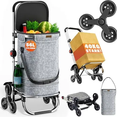 Produktbild: MONZANA® 3in1 Einkaufstrolley 56L bis 50 kg klappbar abnehmbare Tasche 6 Rollen Tragegurt Treppensteiger Einkaufswagen Einkaufshilfe Trolley Grau Meliert