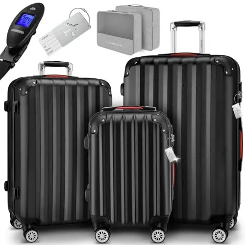 Produktbild: MONZANA® 3tlg. Kofferset, Schwarz - M-L-XL - inkl. Schloss, Organizer & Kofferwaage - Gurt Gel-Griffe, Zwillingsrollen, Standfüße, Trolley, Reisekoffer, Hartschalenkoffer, Gepäck-Set, Trolley Set