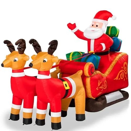 Produktbild: MONZANA® Aufblasbarer Weihnachtsmann mit Schlitten LED Beleuchtet Groß Rentiere IP44 Außen Weihnachten Santa Weihnachtsdeko Weihnachtsfigur Nikolaus
