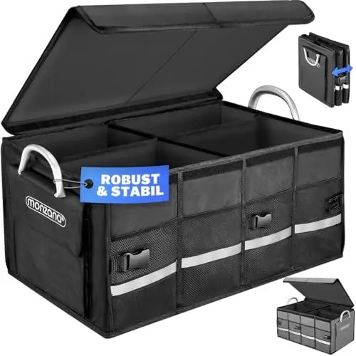 Produktbild: MONZANA® Kofferraum Organizer Deckel 68L Trennwände Wasserdicht Faltbar Verstärkte Wände rutschfest Kofferraumtasche Kofferraumbox Autotasche Schwarz