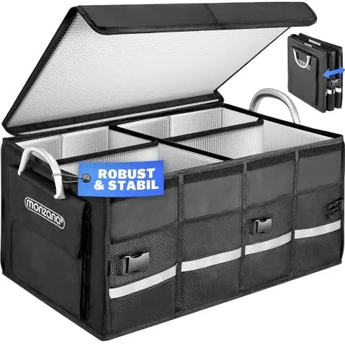 Produktbild: Monzana® Kofferraum Organizer Deckel 68L Isolierung Alu-Griffe Trennwände Wasserdicht Faltbar MDF Wände Rutschfest Kofferraumtasche Kühltasche Faltbox