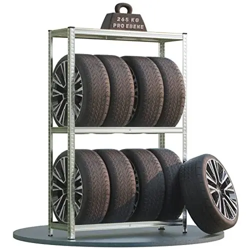 Produktbild: MONZANA® Reifenregal 8 Reifen 795 kg 180x120x40cm inkl. Gummischutz höhenverstellbare MDF-Ablage Stecksystem Garage Werkstatt Felgenregal Lagerregal