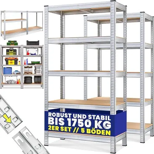 Produktbild: Monzana® 2X Schwerlastregal 180x90x40cm Befestigungsmaterial 1750kg 10 MDF-Platten Kellerregal Lagerregal Steckregal Metallregal Werkstattregal Silber