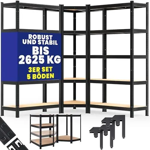 Produktbild: Monzana® 3er Set Schwerlastregal Eckregal 2625 kg 15 MDF-Platten Regal Lagerregal Kellerregal Steckregal Werkstattregal Regalsystem Schwarz