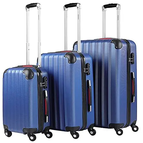 Produktbild: Monzana® 3tlg. Kofferset Baseline Hartschalen Koffer M-L-XL Gel-Griffe 4 Rollen Kantenschutz Schloss Standfüße Trolley Rollkoffer Reisekoffer blau