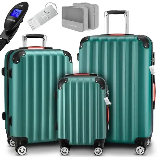 Produktbild: MONZANA® 3tlg. Kofferset, Grün - M-L-XL - inkl. Schloss, Organizer & Kofferwaage - Gurt Gel-Griffe, Zwillingsrollen, Standfüße, Trolley, Reisekoffer, Hartschalenkoffer, Gepäck-Set, Trolley Set