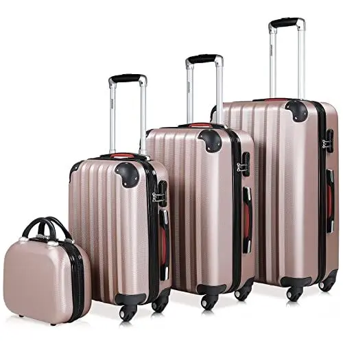Produktbild: MONZANA® 4tlg. Kofferset mit Beautycase, Rose - M-L-XL - inkl. Schloss, Organizer & Kofferwaage - Gurt Gel-Griffe, Zwillingsrollen, Standfüße, Trolley, Reisekoffer, Hartschalenkoffer, Gepäck-Set