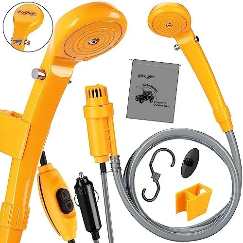 Produktbild: monzana® Campingdusche 12V KFZ-Adapter Aufbewahrungstasche 2m Schlauch 5m Stromkabel Handbrause Hundedusche Gartendusche Dusche Tauchpumpe gelb