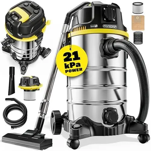 Produktbild: Monzana® Nass Trockensauger 5in1 Industriestaubsauger 2400W 30L Edelstahl Steckdose Nasssauger mit Blasfunktion Laub Push&Clean Waschsauger Beutellos